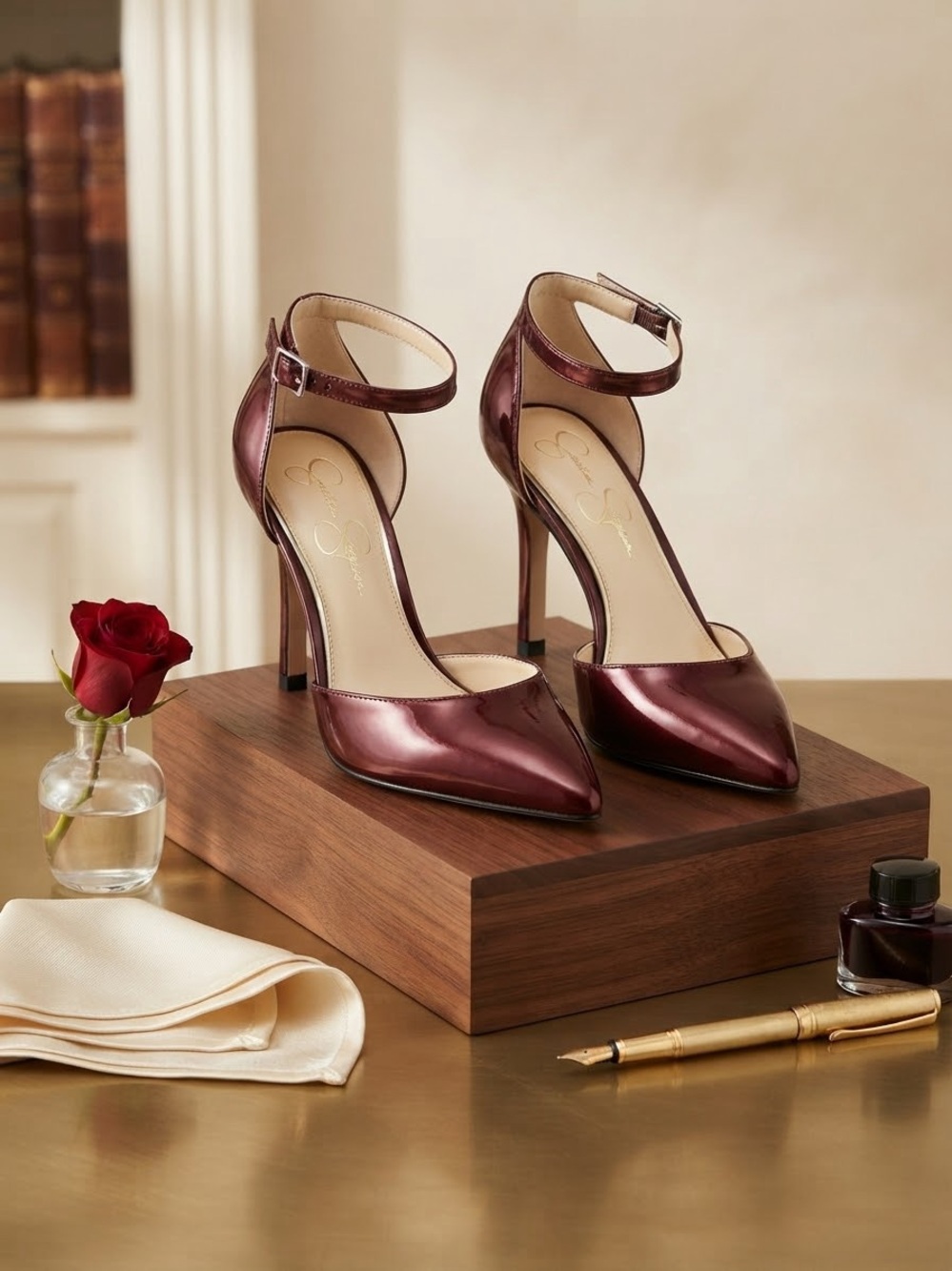 Jessica Simpson Burgundy Patent Ankle-Strap Pointed-Toe Pumps